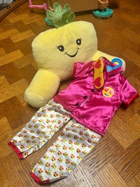 Plush Pineapple Pillow with Pink Satin Emoji Pajama Set for dolls